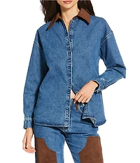 Gianni Bini x Sydney Silverman The Anya Denim Faux Suede Collar Long Sleeve Coordinating Top