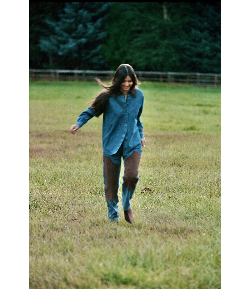 Gianni Bini x Sydney Silverman The Anya Denim Faux Suede Collar Long Sleeve Coordinating Top