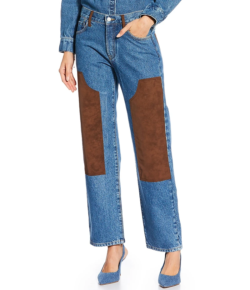 Gianni Bini x Sydney Silverman The Good Denim Mid Rise Faux Suede Double Knee Straight Leg Coordinating Jeans