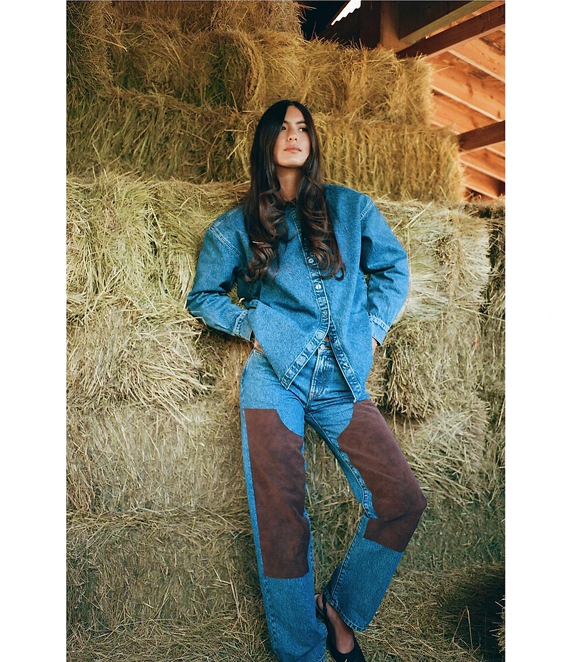 Gianni Bini x Sydney Silverman The Good Denim Mid Rise Faux Suede Double Knee Straight Leg Coordinating Jeans