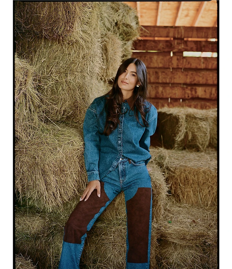 Gianni Bini x Sydney Silverman The Good Denim Mid Rise Faux Suede Double Knee Straight Leg Coordinating Jeans