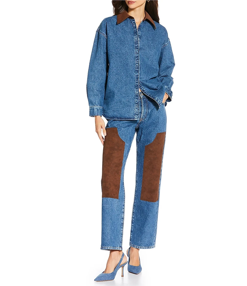 Gianni Bini x Sydney Silverman The Good Denim Mid Rise Faux Suede Double Knee Straight Leg Coordinating Jeans