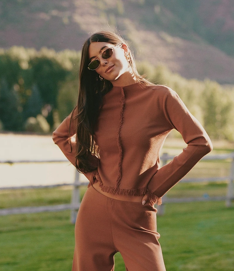 Gianni Bini x Sydney Silverman The Lily Fine Gauge Knit Long Sleeve Fringe Hem Coordinating Top