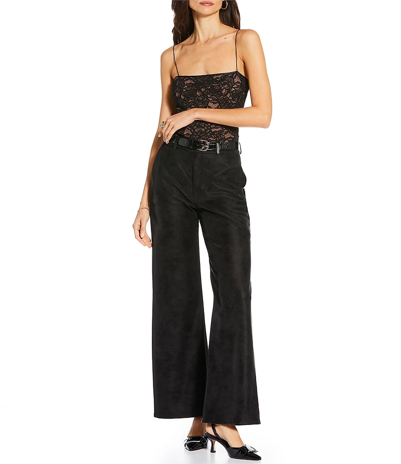 Gianni Bini x Sydney Silverman The Mickey Faux Patent Leather And Faux Suede Belted High Rise Straight Leg Pants