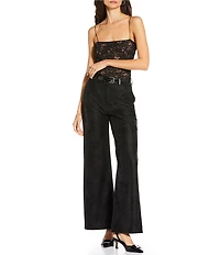 Gianni Bini x Sydney Silverman The Mickey Faux Patent Leather And Faux Suede Belted High Rise Straight Leg Pants