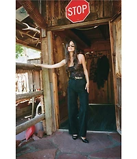 Gianni Bini x Sydney Silverman The Mickey Faux Patent Leather And Faux Suede Belted High Rise Straight Leg Pants