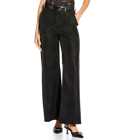 Gianni Bini x Sydney Silverman The Mickey Faux Patent Leather And Faux Suede Belted High Rise Straight Leg Pants