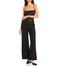 Gianni Bini x Sydney Silverman The Mickey Faux Patent Leather And Faux Suede Belted High Rise Straight Leg Pants