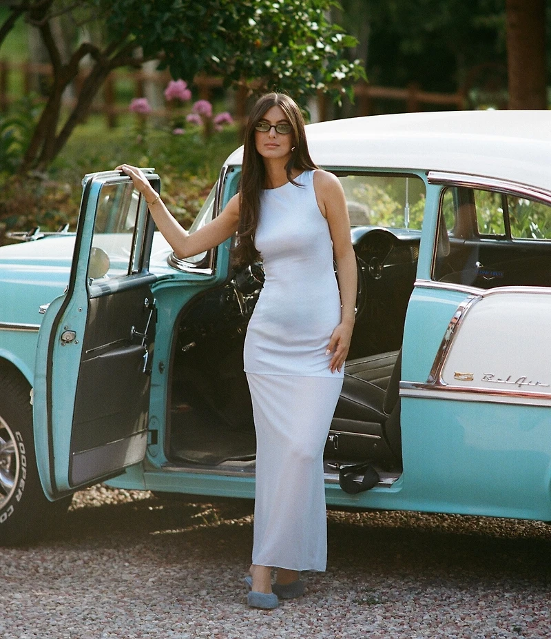 Gianni Bini x Sydney Silverman The Sabrina Satin Drop Waist Boat Neck Sheer Chiffon Sleeveless Dress