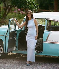 Gianni Bini x Sydney Silverman The Sabrina Satin Drop Waist Boat Neck Sheer Chiffon Sleeveless Dress