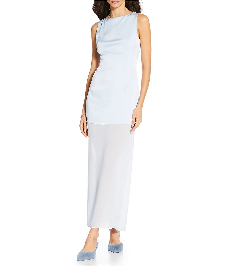 Gianni Bini x Sydney Silverman The Sabrina Satin Drop Waist Boat Neck Sheer Chiffon Sleeveless Dress