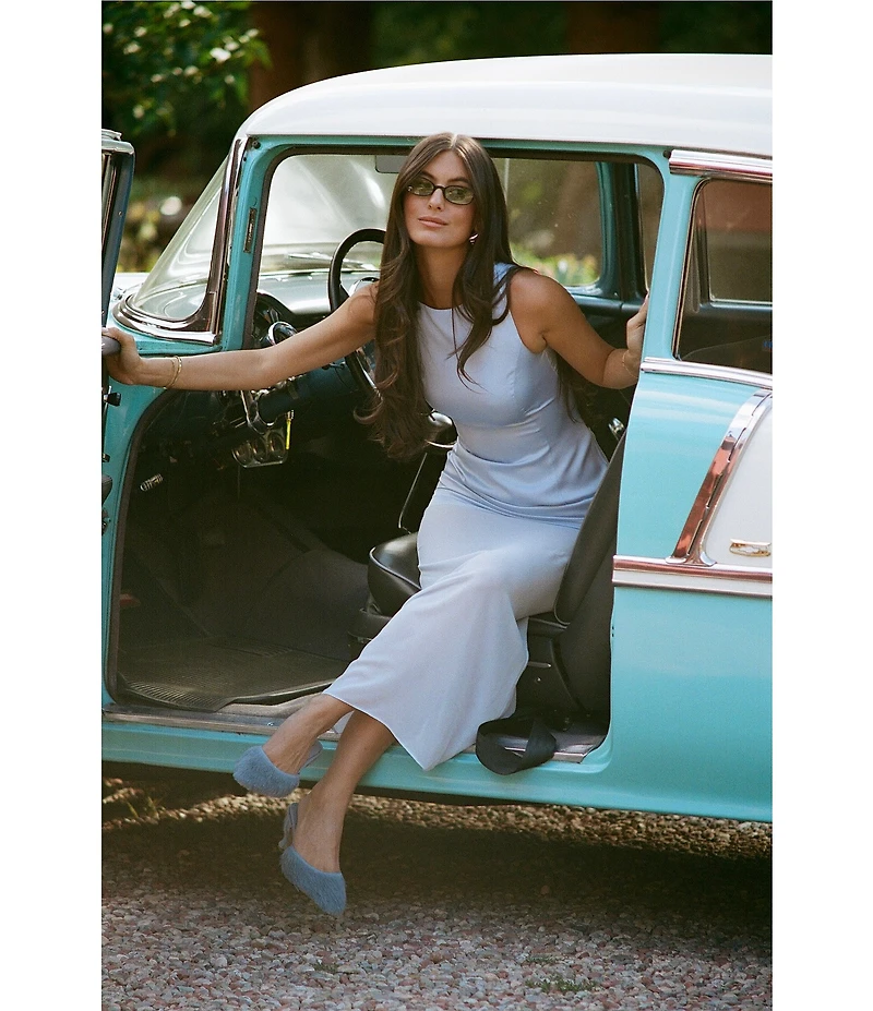 Gianni Bini x Sydney Silverman The Sabrina Satin Drop Waist Boat Neck Sheer Chiffon Sleeveless Dress