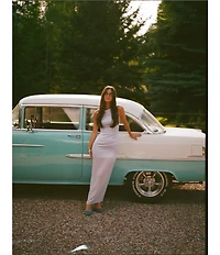 Gianni Bini x Sydney Silverman The Sabrina Satin Drop Waist Boat Neck Sheer Chiffon Sleeveless Dress