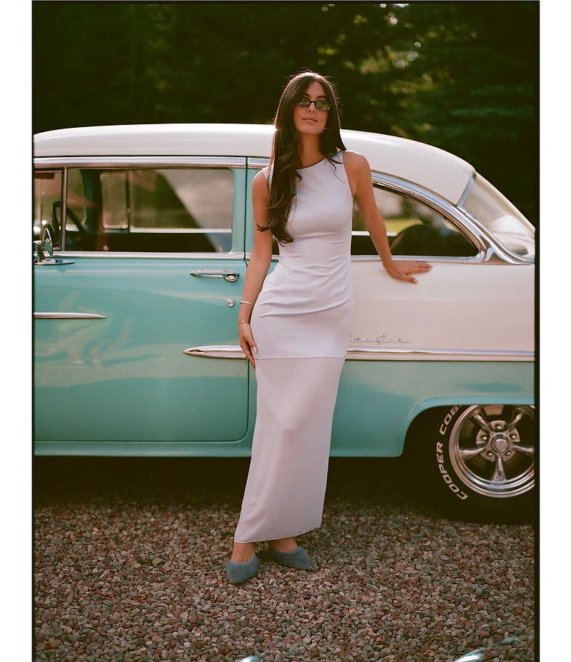 Gianni Bini x Sydney Silverman The Sabrina Satin Drop Waist Boat Neck Sheer Chiffon Sleeveless Dress