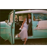 Gianni Bini x Sydney Silverman The Sabrina Satin Drop Waist Boat Neck Sheer Chiffon Sleeveless Dress