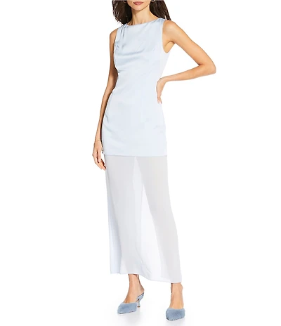 Gianni Bini x Sydney Silverman The Sabrina Satin Drop Waist Boat Neck Sheer Chiffon Sleeveless Dress