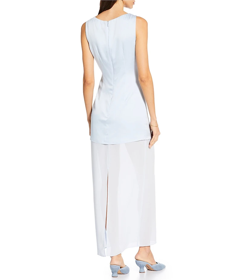 Gianni Bini x Sydney Silverman The Sabrina Satin Drop Waist Boat Neck Sheer Chiffon Sleeveless Dress