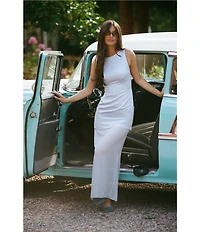 Gianni Bini x Sydney Silverman The Sabrina Satin Drop Waist Boat Neck Sheer Chiffon Sleeveless Dress