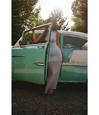 Gianni Bini x Sydney Silverman The Sabrina Satin Drop Waist Boat Neck Sheer Chiffon Sleeveless Dress