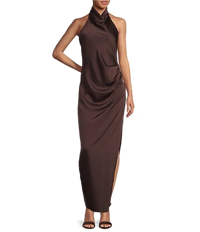 Gianni Bini Yelena Satin High Mock Neck Sleeveless Long Sheath Dress