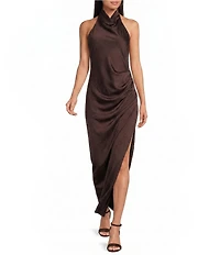 Gianni Bini Yelena Satin High Mock Neck Sleeveless Long Sheath Dress