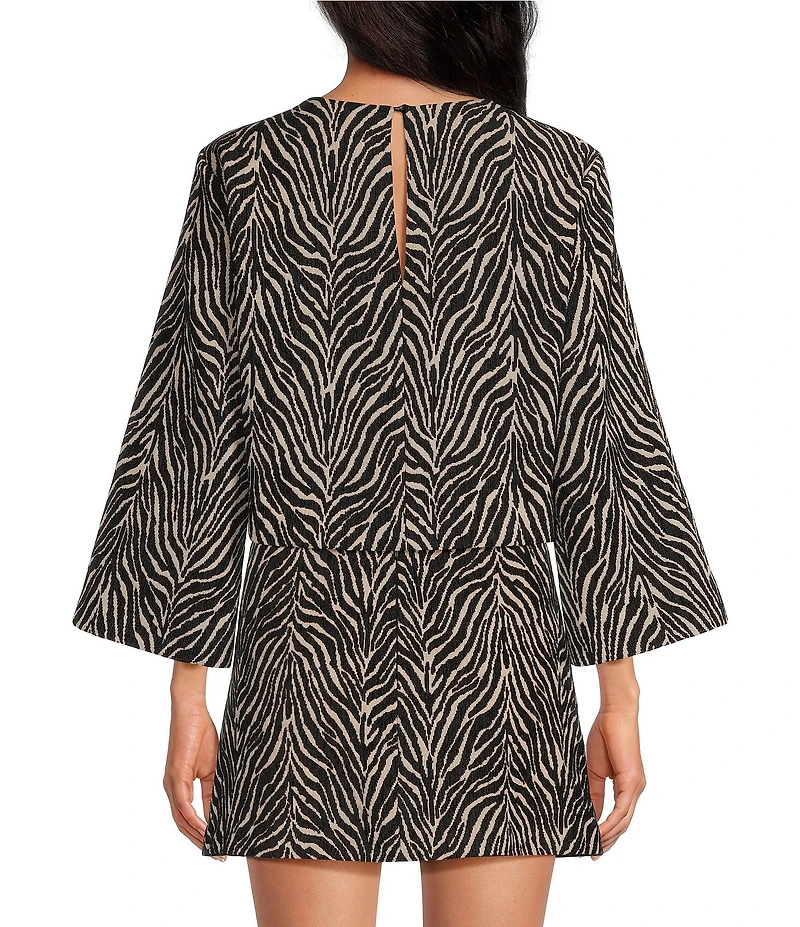 Gianni Bini Zebra Printed Jewel Neck Long Sleeve Jacquard Fawn Coordinating Top