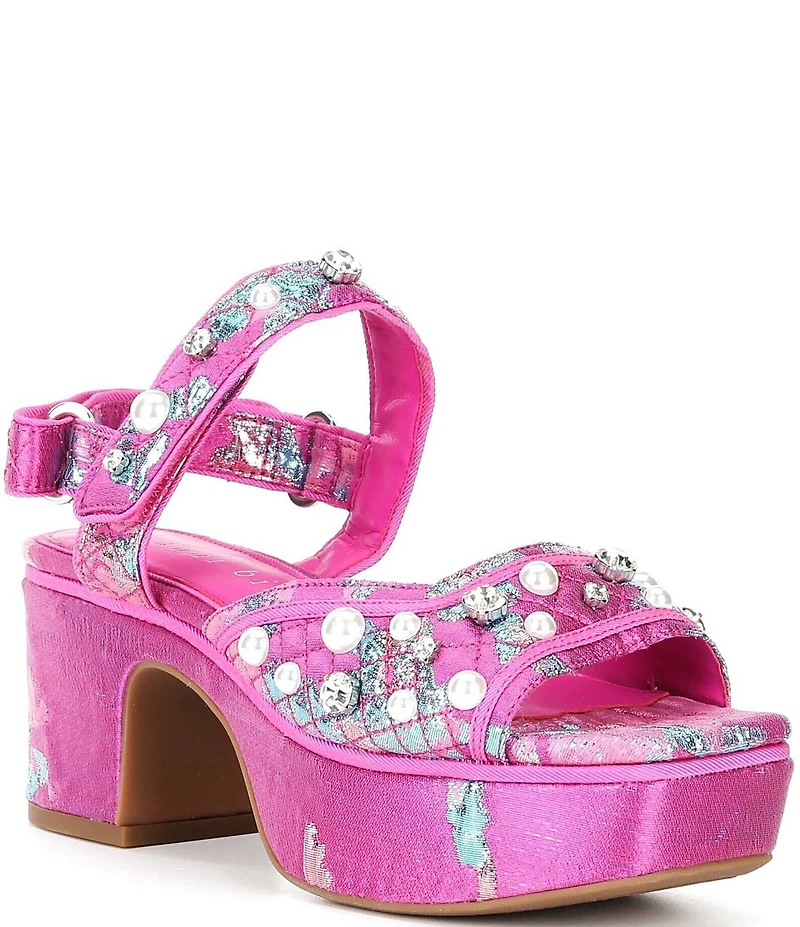 Gianni Bini Zoeyy Three Pearl Ornamented Quilted Brocade Platform Sandals