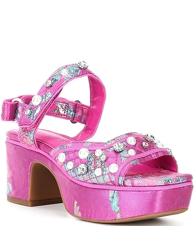 Gianni Bini Zoeyy Three Pearl Ornamented Quilted Brocade Platform Sandals
