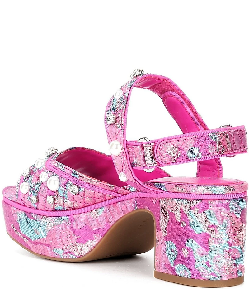 Gianni Bini Zoeyy Three Pearl Ornamented Quilted Brocade Platform Sandals