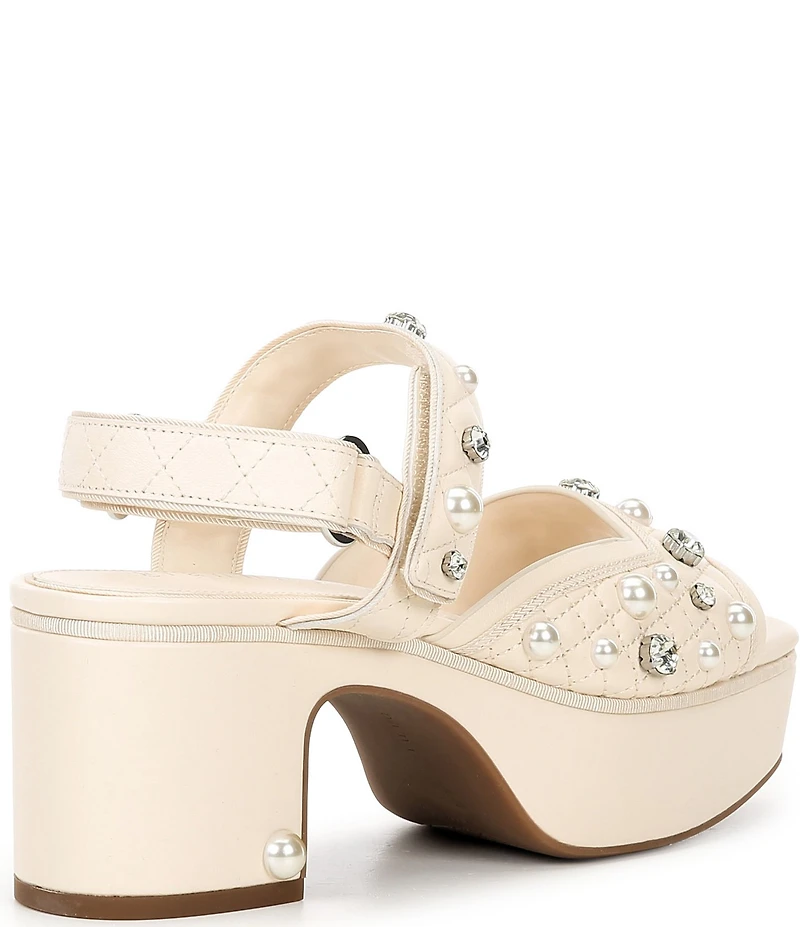 Gianni Bini Zoeyy Three Quilted Leather Pearl and Jewel Ornamented Square Toe Platform Sandals