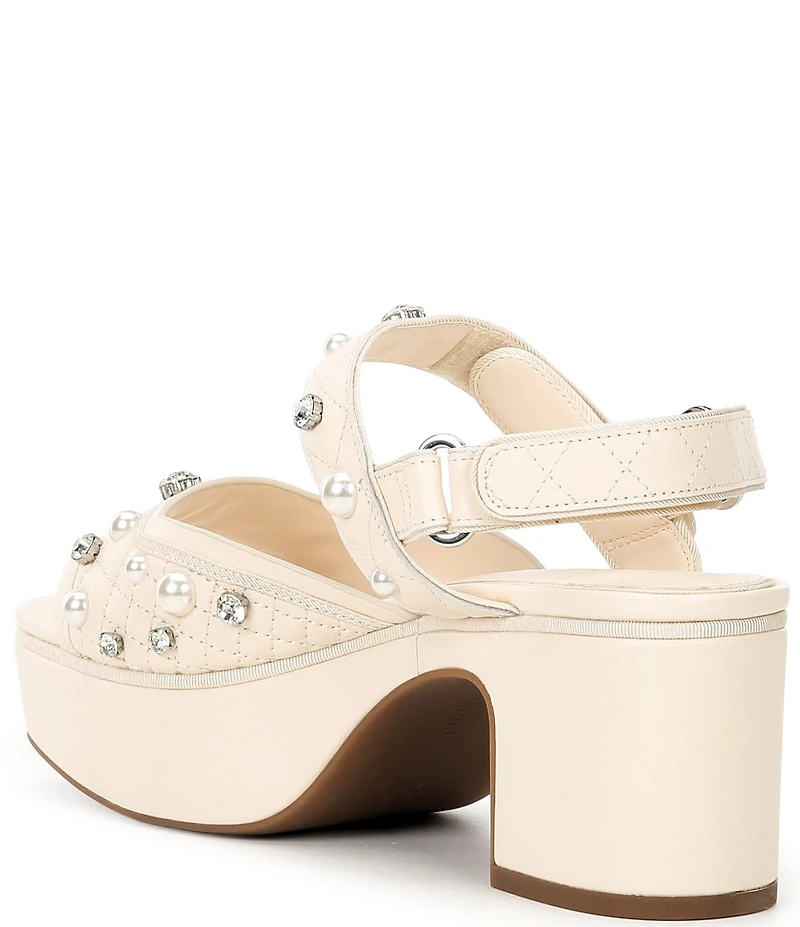 Gianni Bini Zoeyy Three Quilted Leather Pearl and Jewel Ornamented Square Toe Platform Sandals