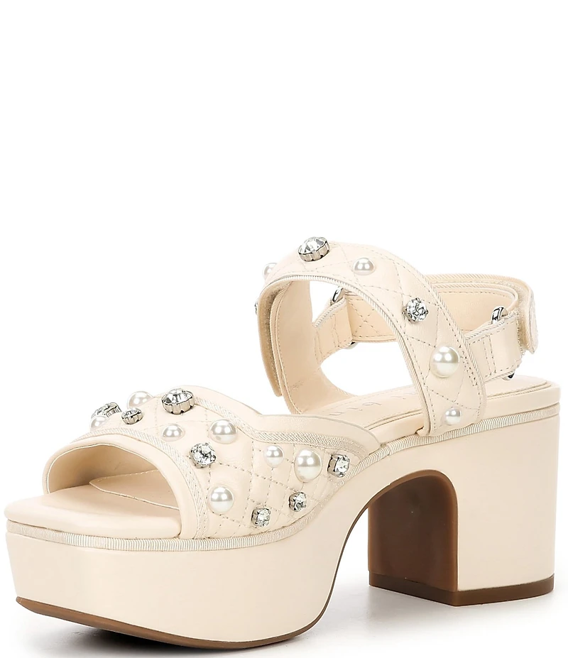 Gianni Bini Zoeyy Three Quilted Leather Pearl and Jewel Ornamented Square Toe Platform Sandals