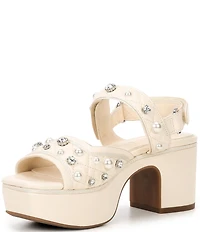 Gianni Bini Zoeyy Three Quilted Leather Pearl and Jewel Ornamented Square Toe Platform Sandals