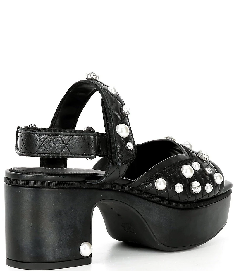 Gianni Bini Zoeyy Three Quilted Leather Pearl and Jewel Ornamented Square Toe Platform Sandals