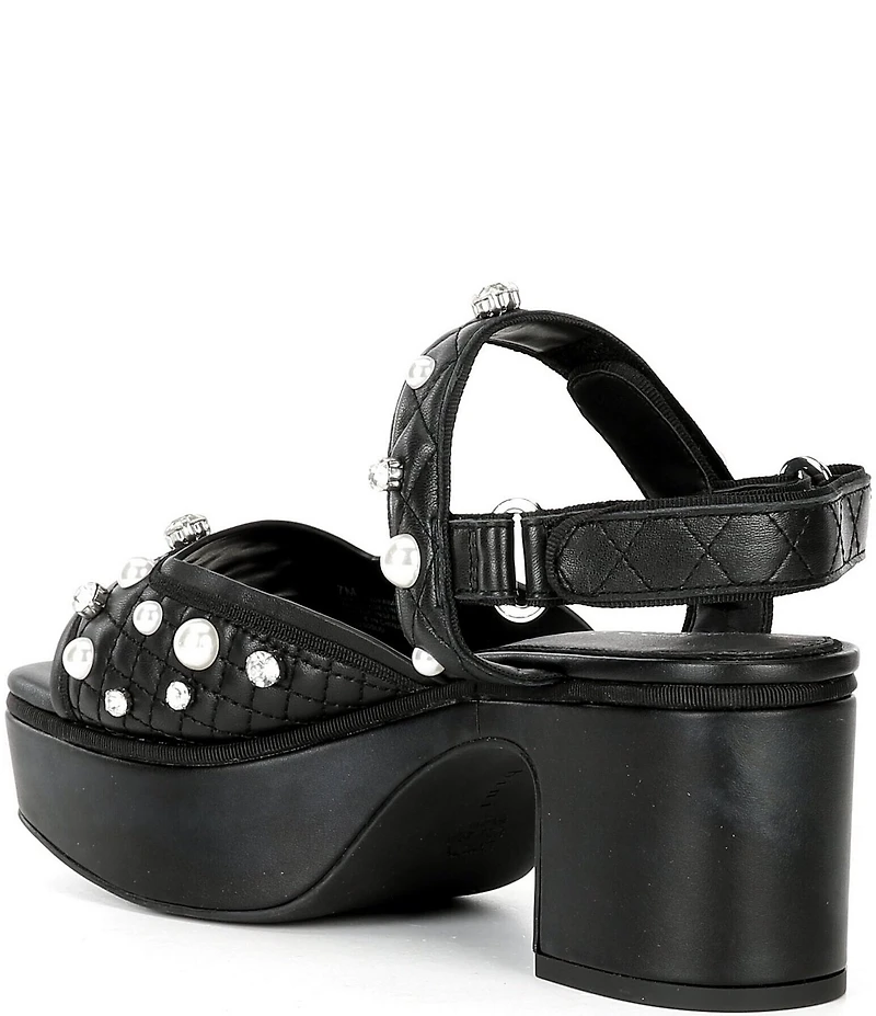 Gianni Bini Zoeyy Three Quilted Leather Pearl and Jewel Ornamented Square Toe Platform Sandals