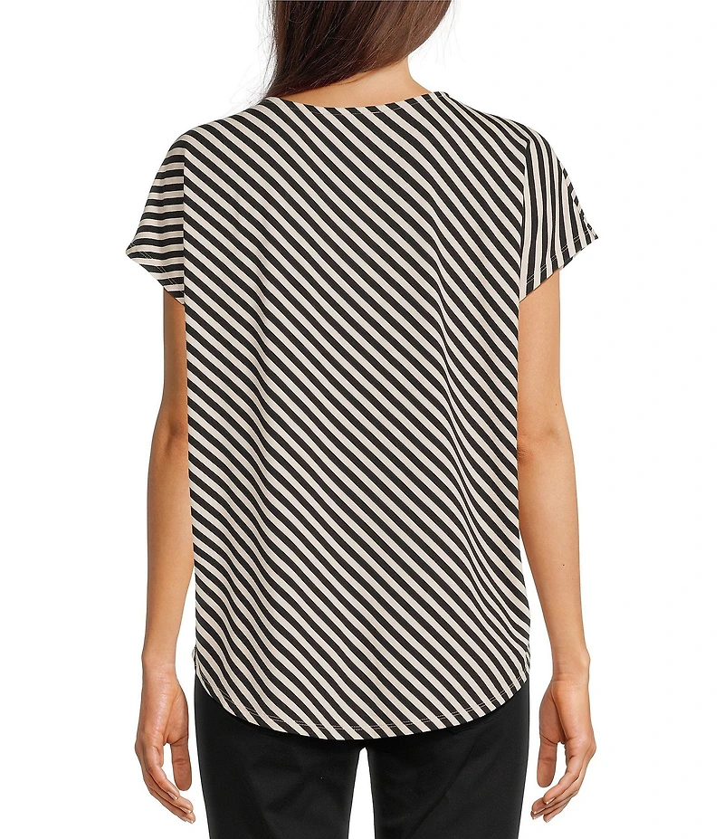 Gibson & Latimer Bias Stripe Knit V-Neck Dropped Short Sleeve Shell Shirttail Tee Shirt