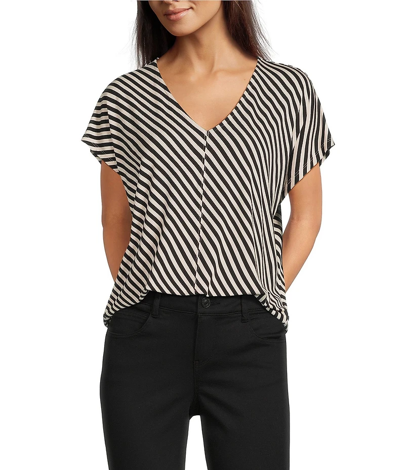 Gibson & Latimer Bias Stripe Knit V-Neck Dropped Short Sleeve Shell Shirttail Tee Shirt