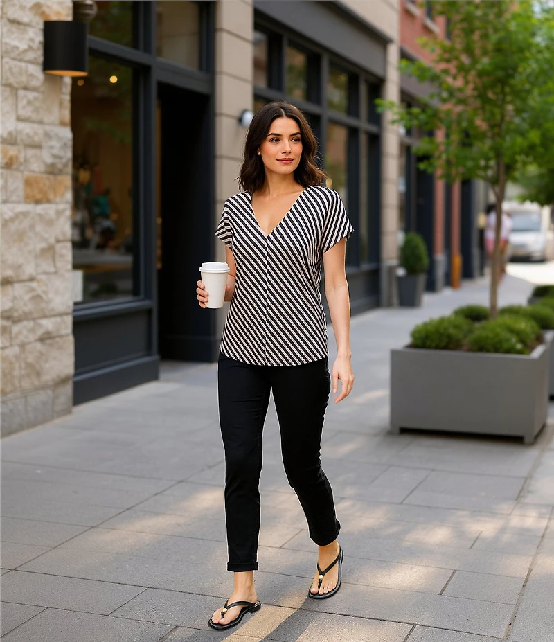 Gibson & Latimer Bias Stripe Knit V-Neck Dropped Short Sleeve Shell Shirttail Tee Shirt