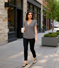 Gibson & Latimer Bias Stripe Knit V-Neck Dropped Short Sleeve Shell Shirttail Tee Shirt