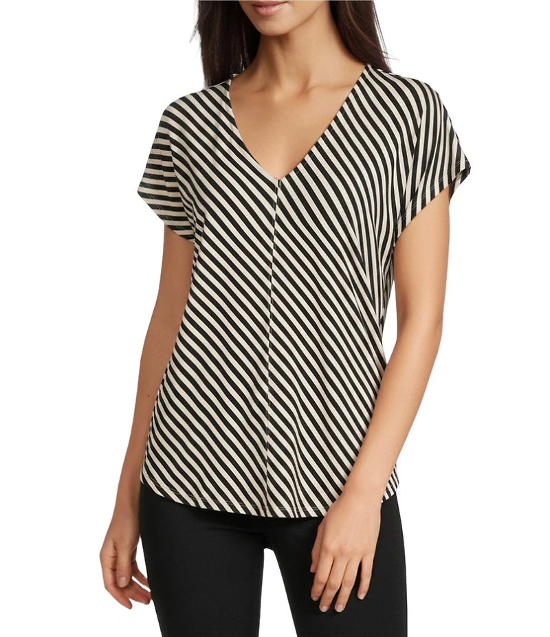 Gibson & Latimer Bias Stripe Knit V-Neck Dropped Short Sleeve Shell Shirttail Tee Shirt