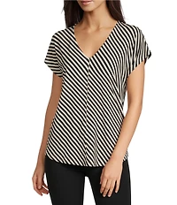 Gibson & Latimer Bias Stripe Knit V-Neck Dropped Short Sleeve Shell Shirttail Tee Shirt