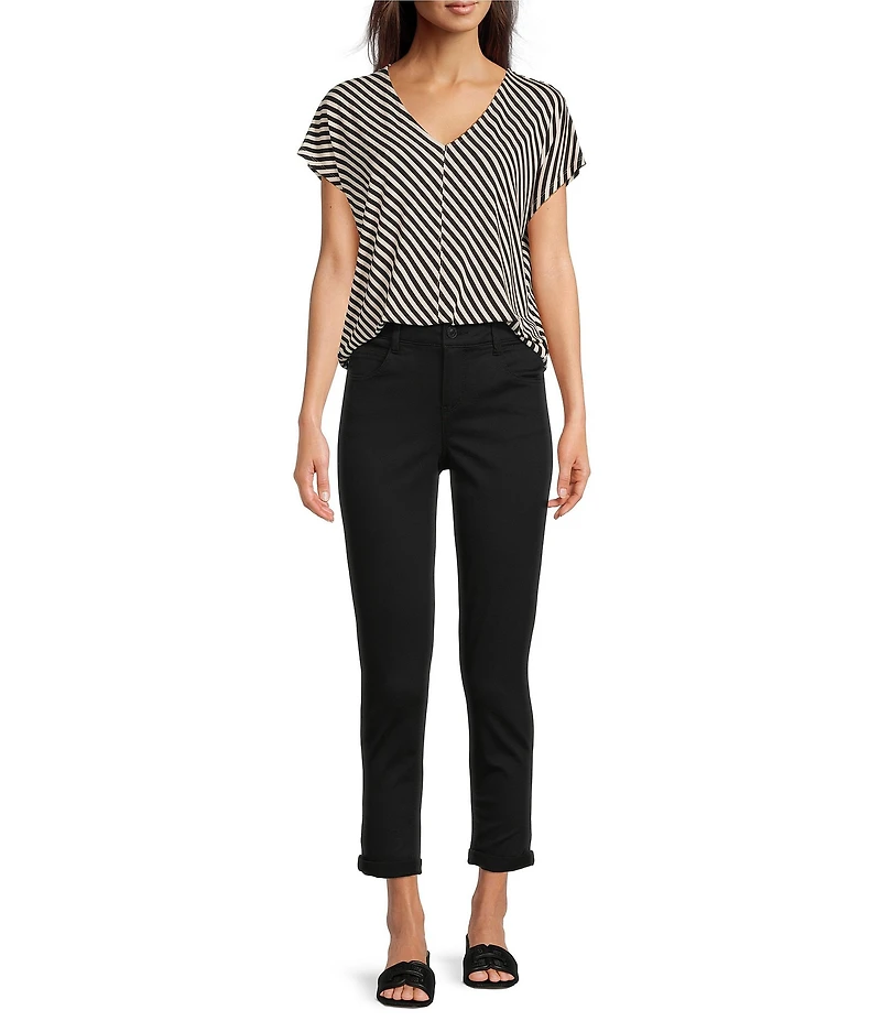 Gibson & Latimer Bias Stripe Knit V-Neck Dropped Short Sleeve Shell Shirttail Tee Shirt