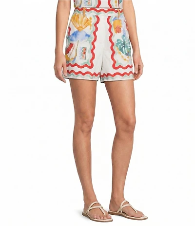 Gibson & Latimer Capri Beach Print Woven Mid Rise Flat Front Coordinating Shorts