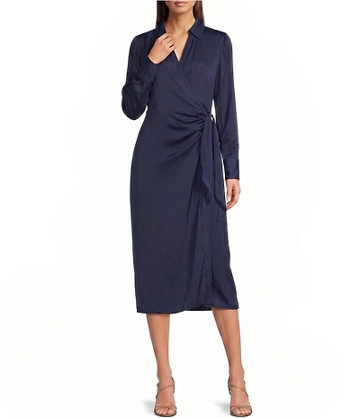 Gibson & Latimer Collared V-Neck Long Sleeve Woven Midi Wrap Dress