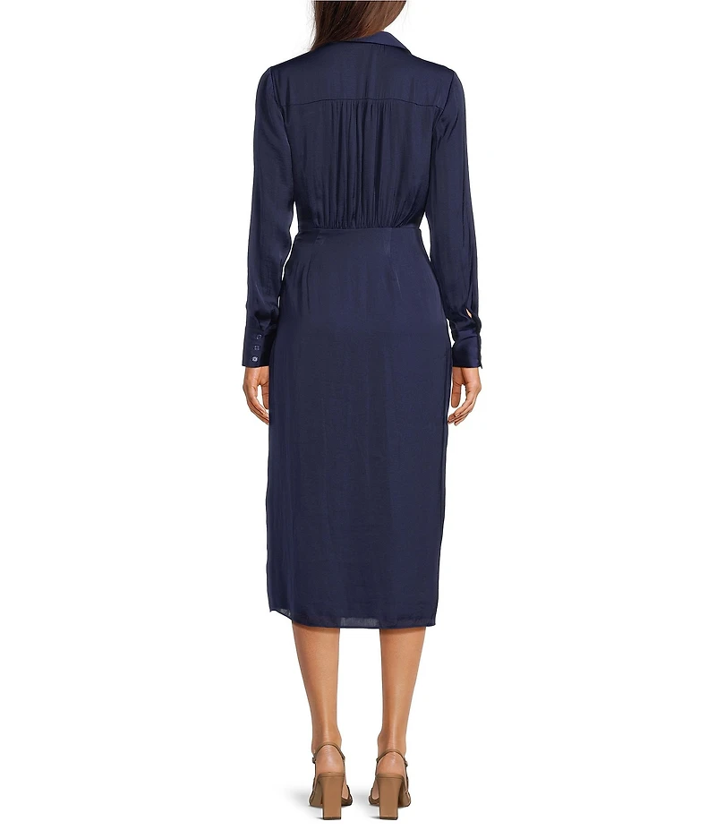 Gibson & Latimer Collared V-Neck Long Sleeve Woven Midi Wrap Dress