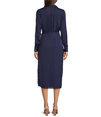 Gibson & Latimer Collared V-Neck Long Sleeve Woven Midi Wrap Dress