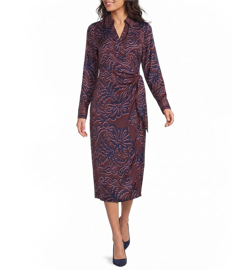 Gibson & Latimer Collared V-Neck Long Sleeve Woven Wrap Midi Dress