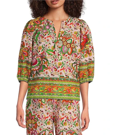Gibson & Latimer Coordinating Floral Printed Split V-Neck 3/4 Puff Sleeve Top