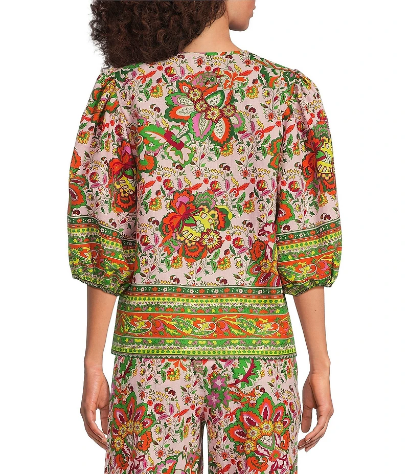 Gibson & Latimer Coordinating Floral Printed Split V-Neck 3/4 Puff Sleeve Top
