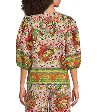 Gibson & Latimer Coordinating Floral Printed Split V-Neck 3/4 Puff Sleeve Top